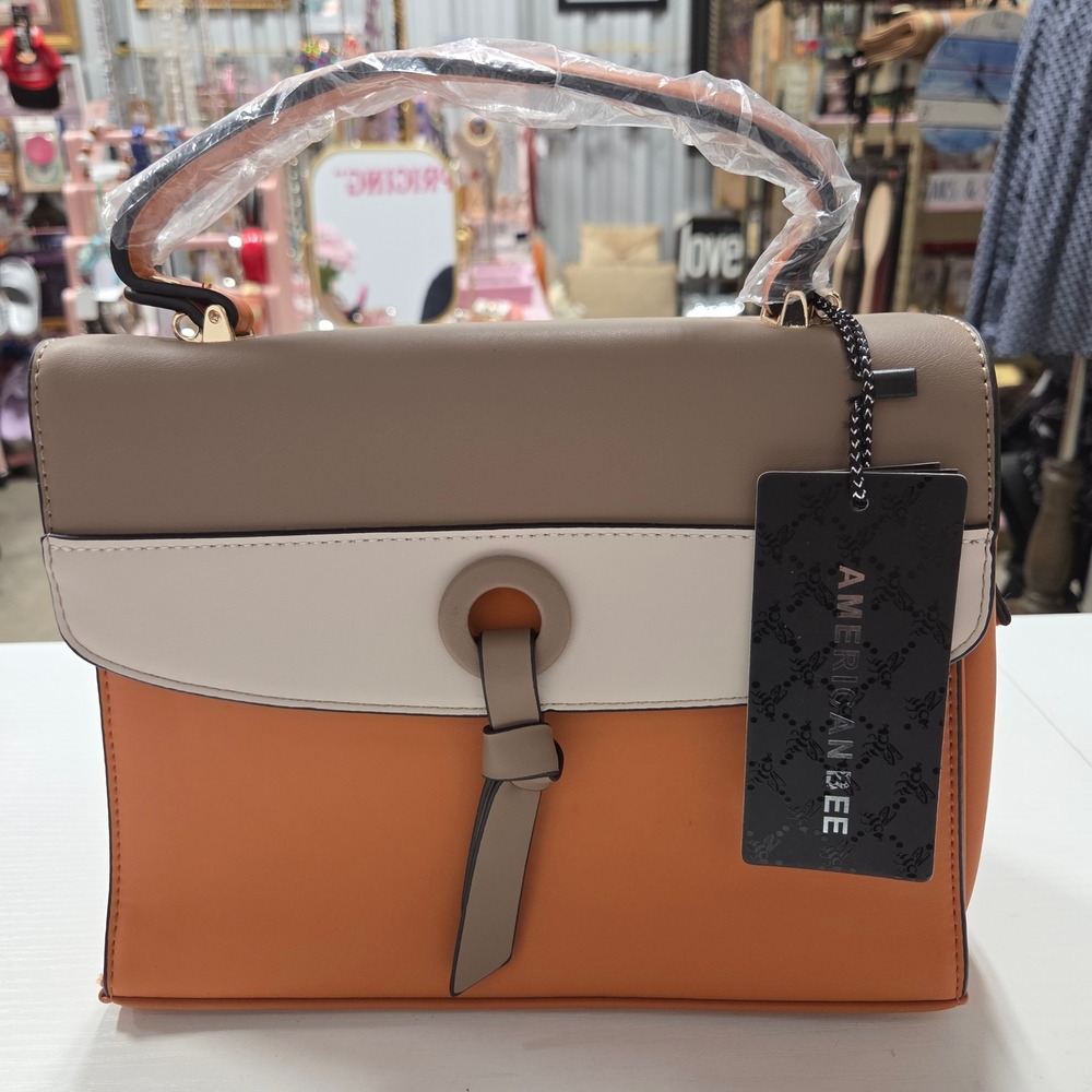 American Bee Colorblock Satchel and Wallet 2-in-1 Set Orange Tan - Picture 2 of 7